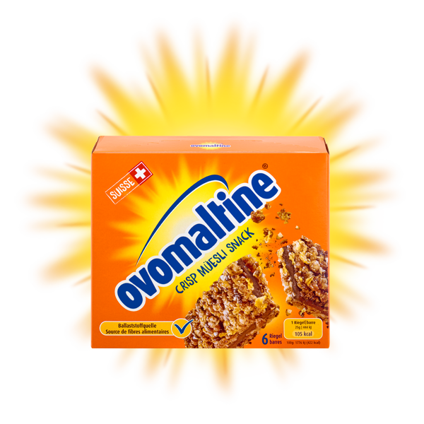 Das Müsli für unterwegs. Der Ovomaltine Crisp Müsli Snack verbindet vier hochwertige Getreidesoten mir einer cremigen Füllung zu einem leckeren Riegel für unterwegs.